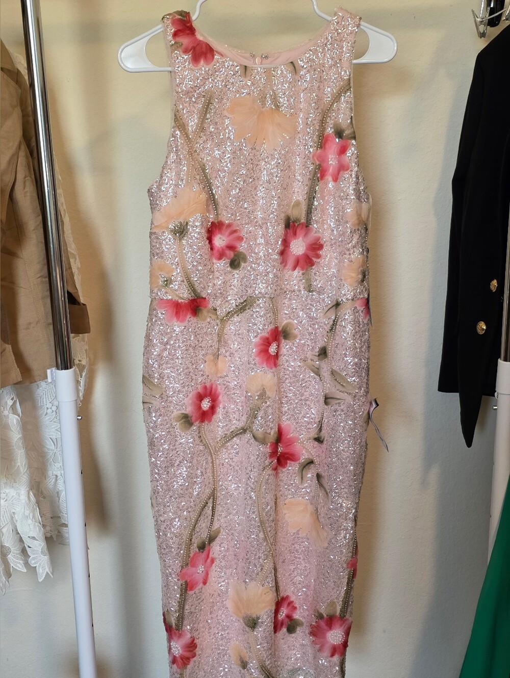 ADRIANNA PAPELL Sequin Floral Midi Sheath Dress Silver Blush Multi Cocktail - Picture 8 of 13